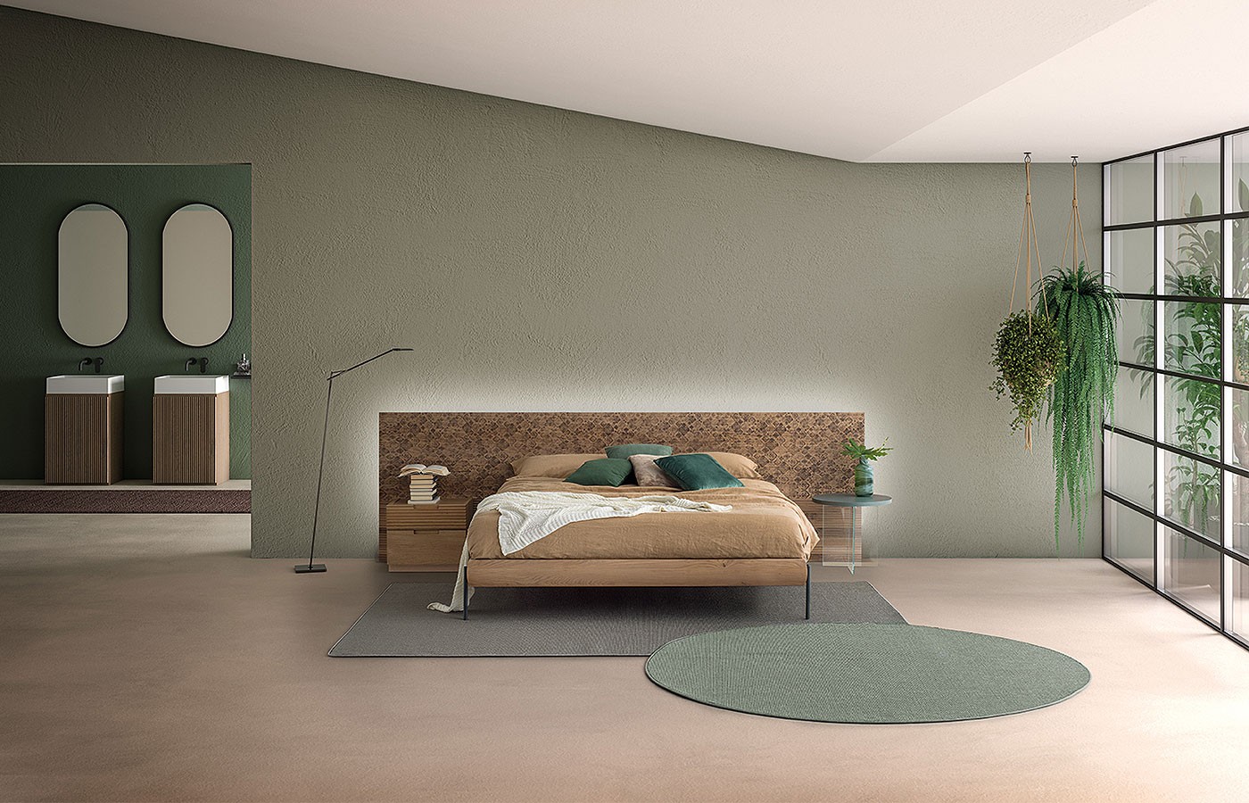Composición de dormitorio con cabecero Zen decorado con textura de Devina Nais